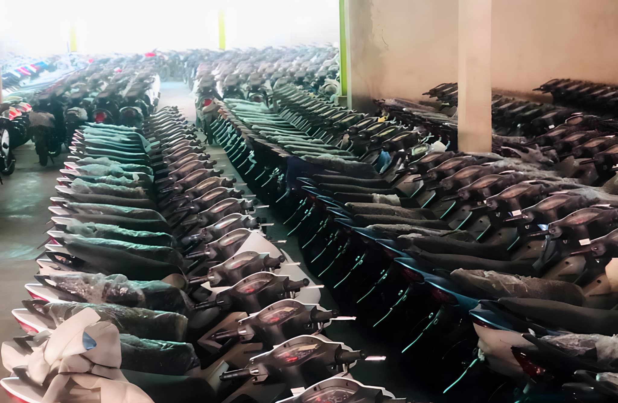 Motorcycle stock stored under warehouse cover