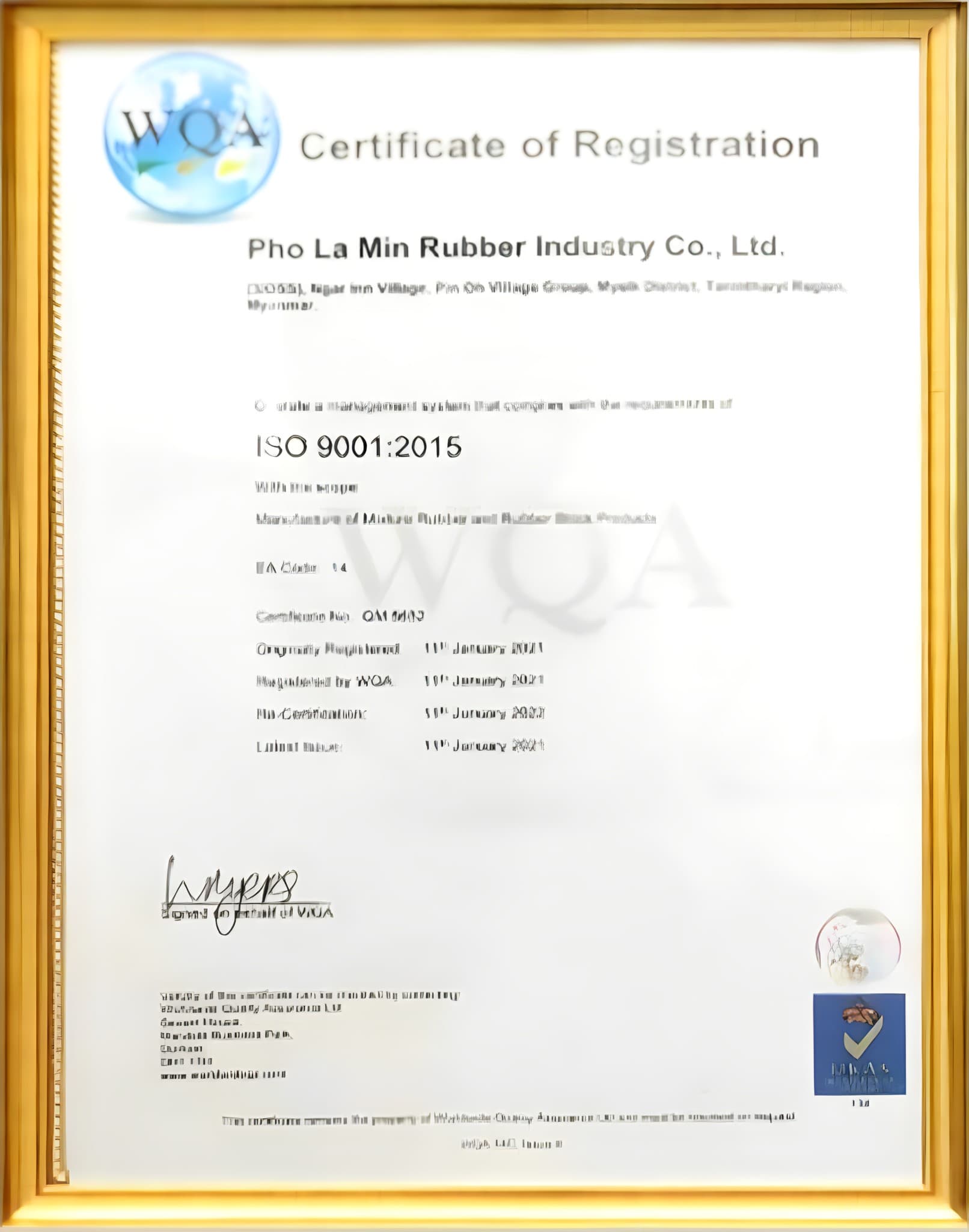 ISO 9001:2015 Certificate of Registration for Pho La Min Rubber Industry Co., Ltd.